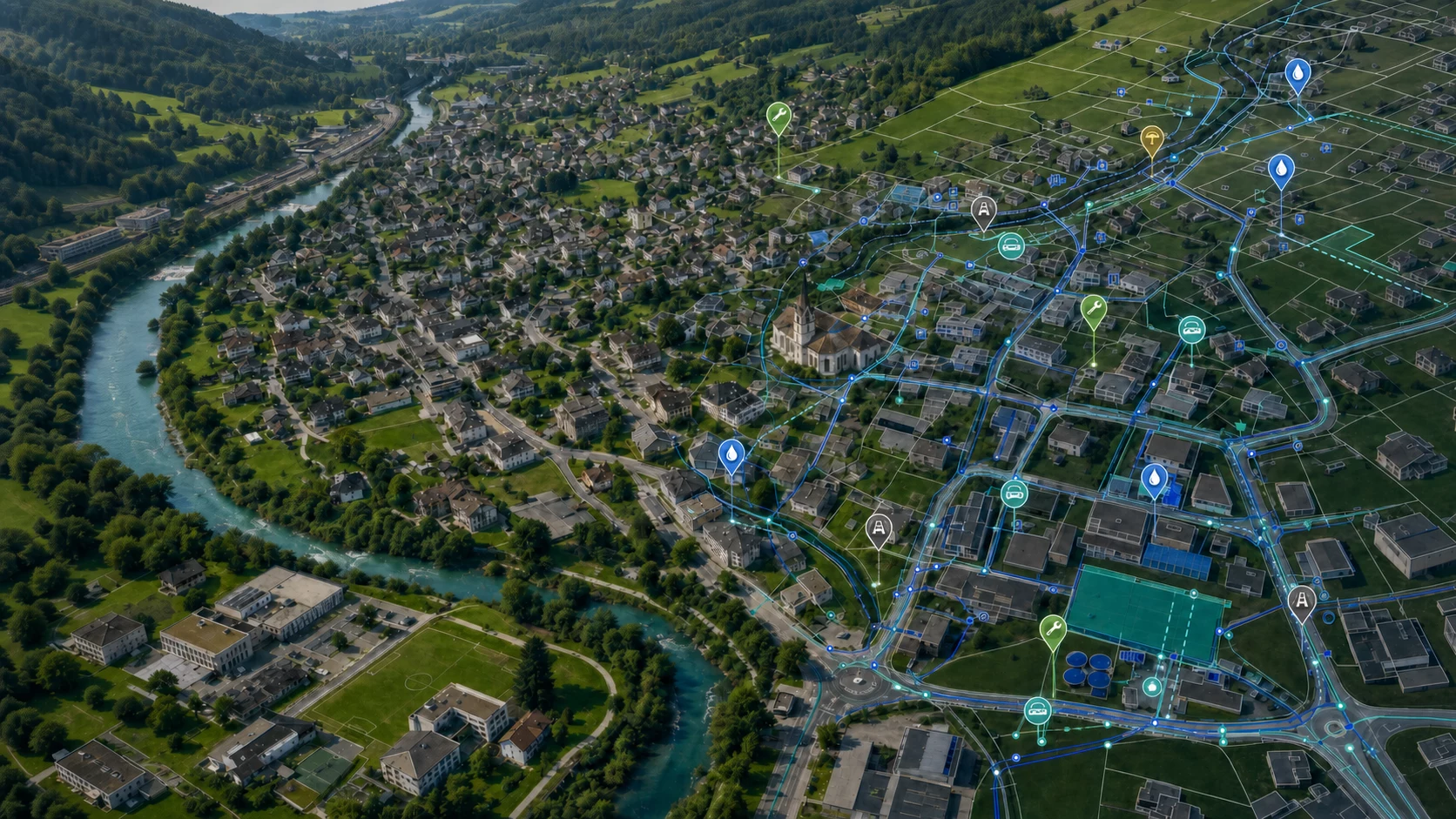 Swiss town with mapped utility networks and infrastructure maintenance locations